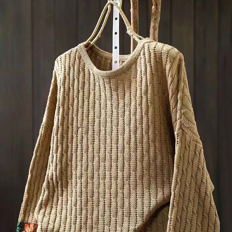 Buddha Stones Winter Patchwork Design Long Sleeve Crew Neck Women's Cotton Sweater - image 3