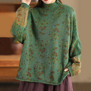 Foviel Fall Printing Floral Long Sleeve Mock Neck Women's Knitted Sweater
