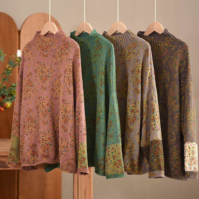 Buddha Stones Fall Printing Floral Long Sleeve Mock Neck Women's Knitted Cotton Sweater - image 20