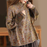 Foviel Herbst Druck Floral Lange Ärmel Mock Ausschnitt Damen gestrickt Pullover