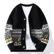 Foviel Jacquard Ethnic Long Sleeve Men's Knitted Sweater With Pockets
