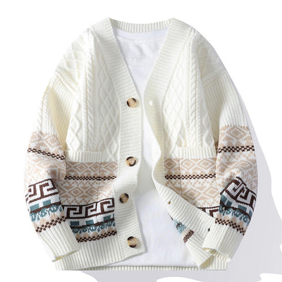 Buddha Stones Patchwork Color Knitted Textured Men's Long Sleeve Sweater With Pockets - FloralWhite - US/UK/AU44，EU54 (4XL) - image 0