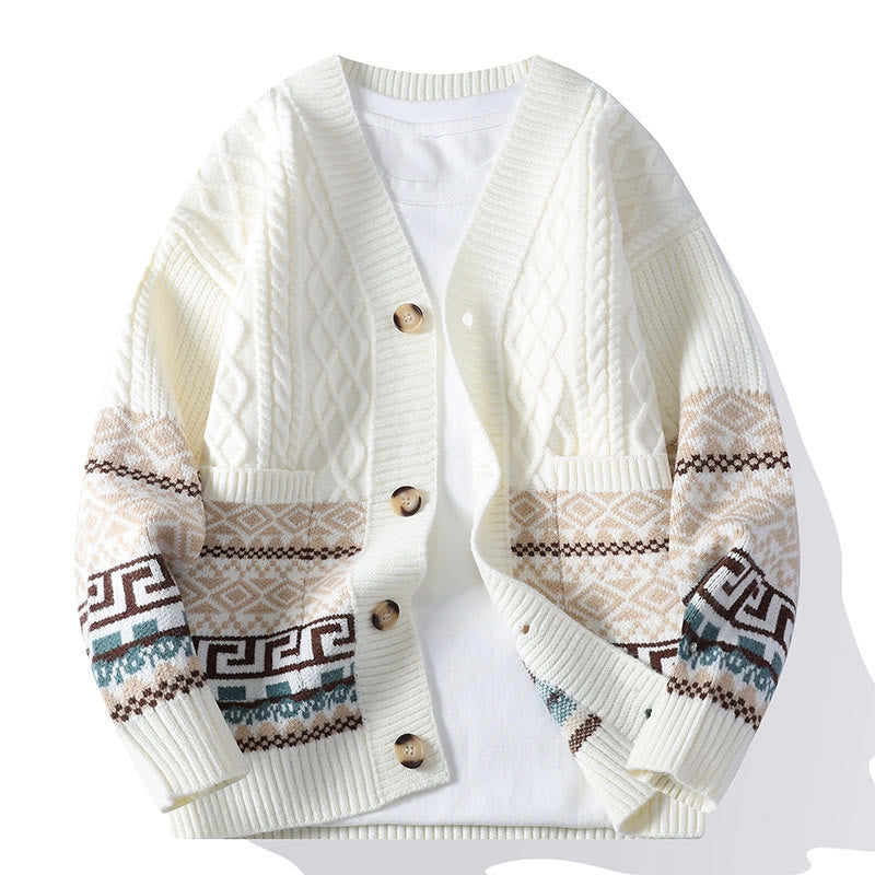Buddha Stones Patchwork Color Knitted Textured Men's Long Sleeve Sweater With Pockets - FloralWhite - US/UK/AU44，EU54 (4XL) - image 0