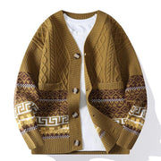 Foviel Jacquard Ethnic Long Sleeve Men's Knitted Sweater With Pockets