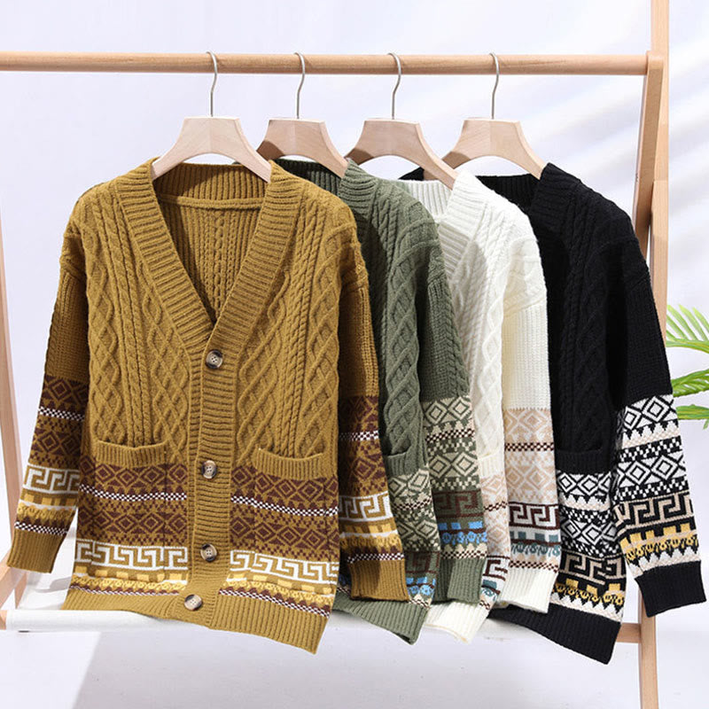 Buddha Stones Patchwork Color Knitted Textured Men's Long Sleeve Sweater With Pockets - image 10