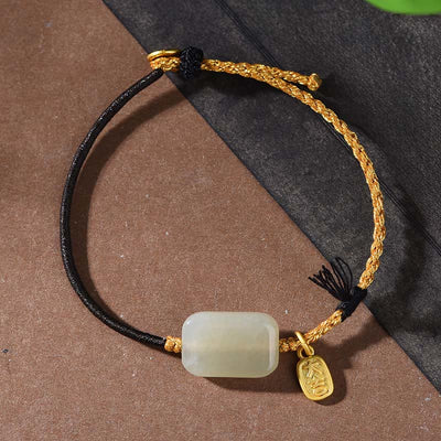 Buddha Stones 925 Sterling Silver Hetian Jade Prosperity Bracelet - Hetian Jade & Black String(Wrist Circumference: 15-18cm) - image 7