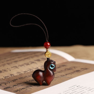 Buddha Stones Year of the Horse Small Leaf Red Sandalwood Calm Key Chain Phone Hanging Decoration - Small Leaf Red Sandalwood - Phone Hanging Decoration - image 1
