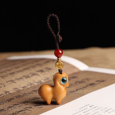 Buddha Stones Year of the Horse Small Leaf Red Sandalwood Calm Key Chain Phone Hanging Decoration - Sandalwood - Key Chain - image 5