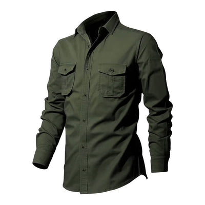 Buddha Stones Solid Color Men's Stand Collar Long Sleeve Cotton Shirt With Pockets - image 3