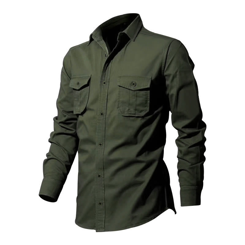 Buddha Stones Solid Color Men's Stand Collar Long Sleeve Cotton Shirt With Pockets - image 3