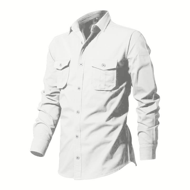 Buddha Stones Solid Color Men's Stand Collar Long Sleeve Cotton Shirt With Pockets - image 7