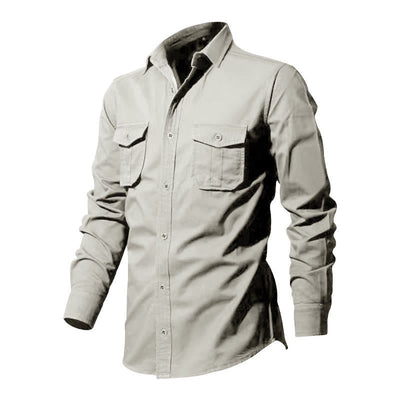 Buddha Stones Solid Color Men's Stand Collar Long Sleeve Cotton Shirt With Pockets - image 9