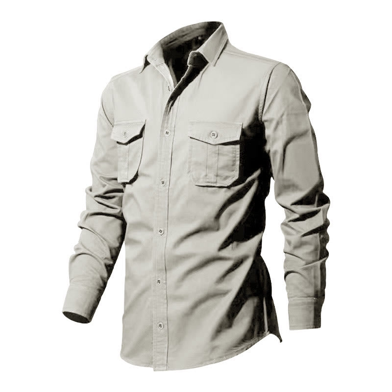 Buddha Stones Solid Color Men's Stand Collar Long Sleeve Cotton Shirt With Pockets - image 9