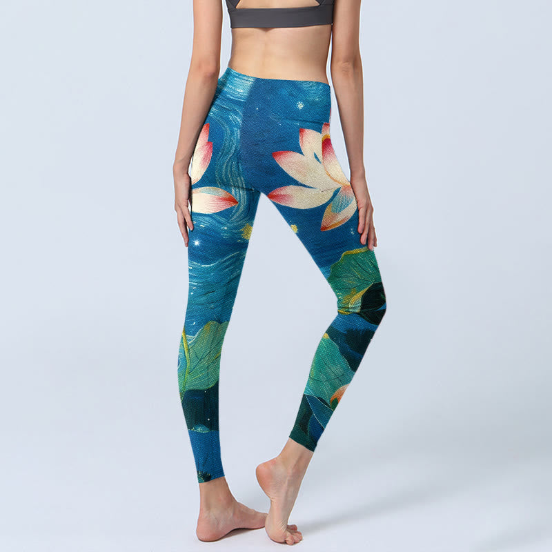 Buddha Stones Lotus Flowers Starry Sky Pattern Print Gym Leggings Women's Yoga Pants - image 3