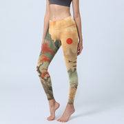 Foviel Mountains Trees Rising Sun Pattern Print Gym Leggings Women's Yoga Pants