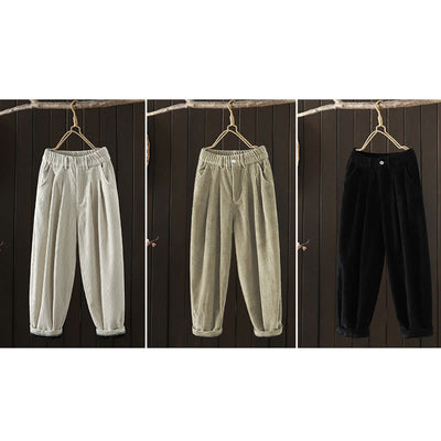 Buddha Stones Women's Winter Plain Corduroy  High Waist Fleece-Lined Harem Pants With Pockets - image 24