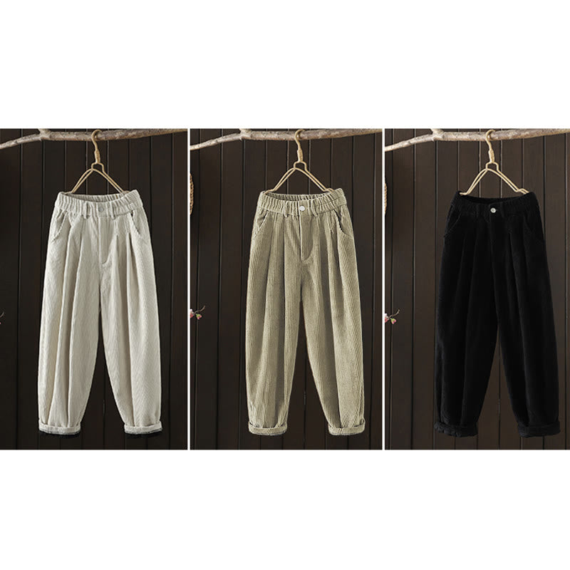 Buddha Stones Women's Winter Plain Corduroy  High Waist Fleece-Lined Harem Pants With Pockets - image 24