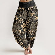 Foviel Pure Cotton Chinese Character Gourd Auspicious Pattern Women's Elastic Waist Harem Pants
