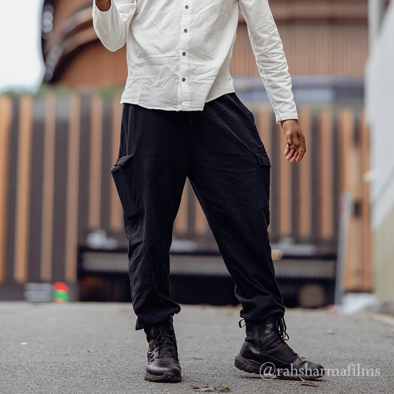 Buddha Stones Solid Color Linen Drawstring Men's Cargo Pants With Pockets - Black - US/UK/AU46，EU56 (3XL) - image 0
