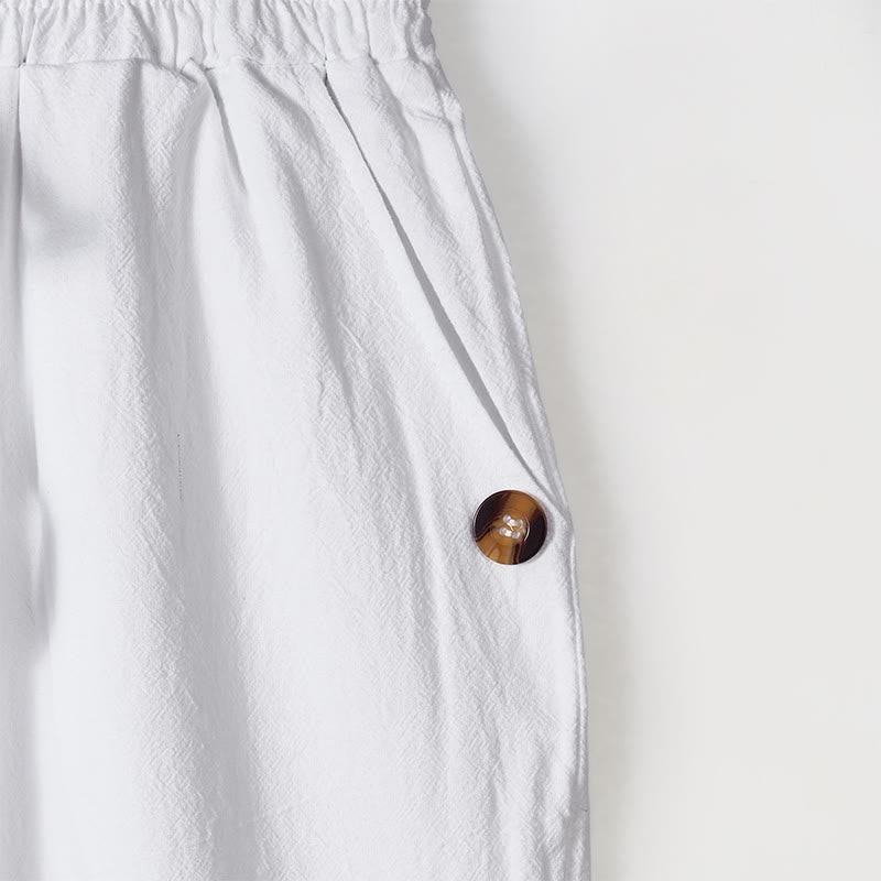 Buddha Stones Solid Color Buttons Drawstring Men's Cotton Pants With Pockets - image 8