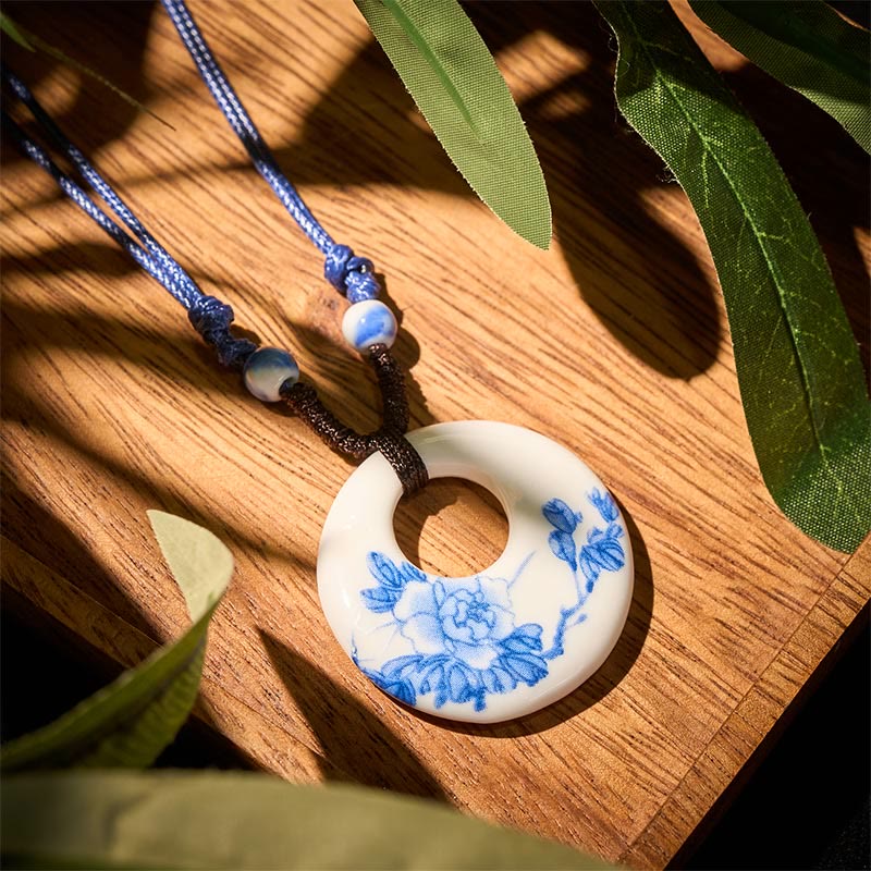Buddha Stones Ethnic Peony Peach Blossoms Lotus Symbol Ceramics Necklace Enlightenment Pendant - Peony - image 5