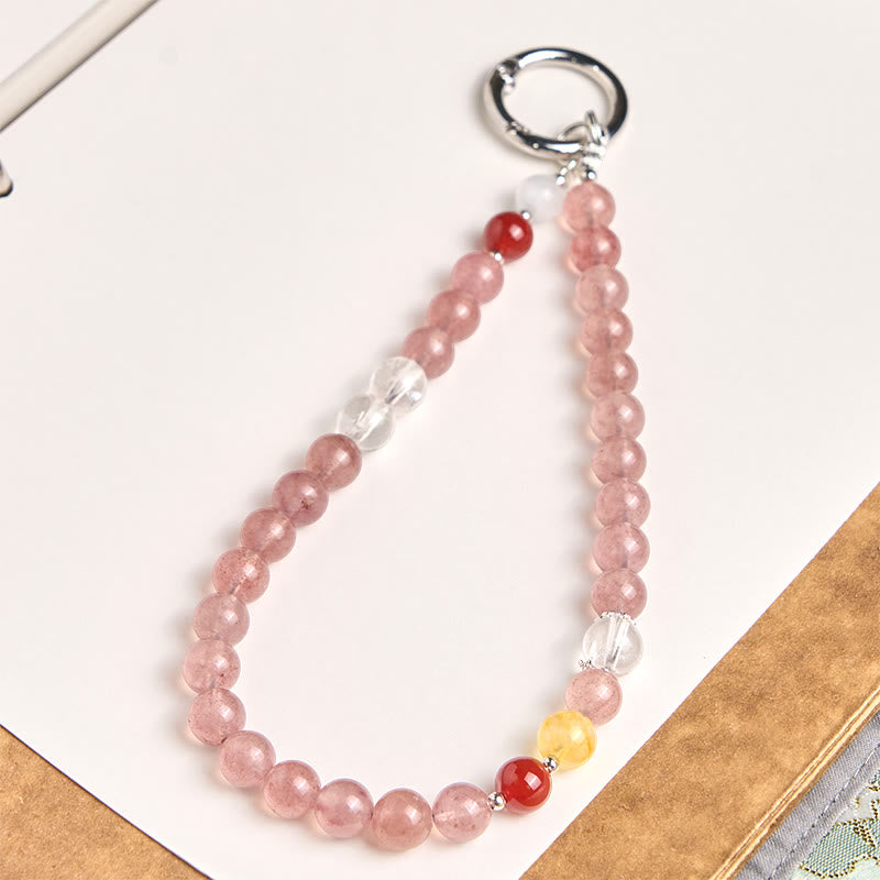 Buddha Stones 8mm Colorful Beads Strawberry Quartz Positive Key Chain Phone Hanging Decoration - Strawberry Quartz(Healing ♥ Positive) - image 0