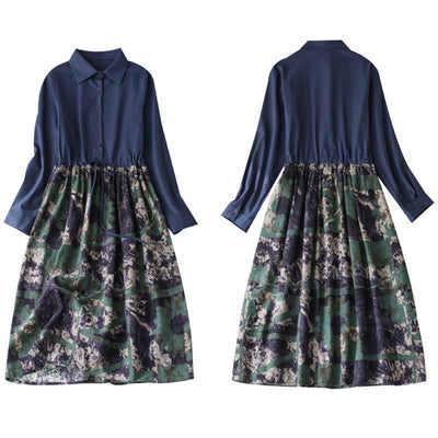 Buddha Stones Fall Printed Patchwork Design Drawstring Long Sleeve Linen Midi Dress With Pockets - image 10