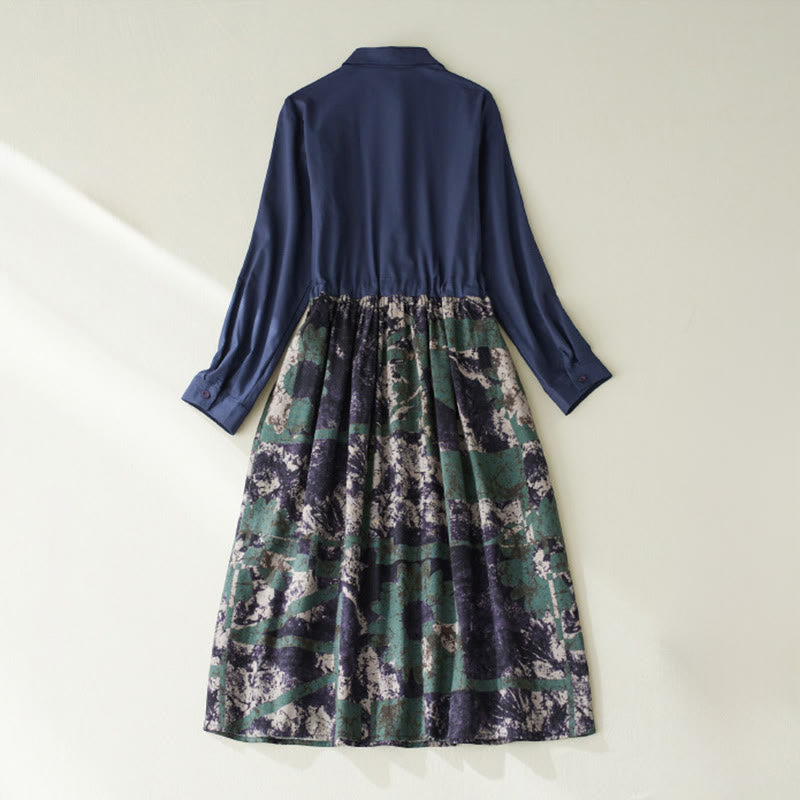 Buddha Stones Fall Printed Patchwork Design Drawstring Long Sleeve Linen Midi Dress With Pockets - image 2