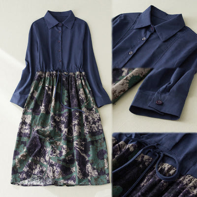 Buddha Stones Fall Printed Patchwork Design Drawstring Long Sleeve Linen Midi Dress With Pockets - image 8