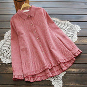 Foviel Spring Plaid Ruffled Hem Design Long Sleeve Women's Buttons Shirt