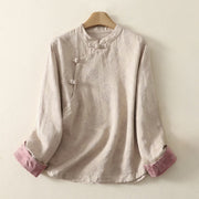 Foviel Jacquard Diagonal Placket Long Sleeve Women's Cotton Linen Buttons Shirt