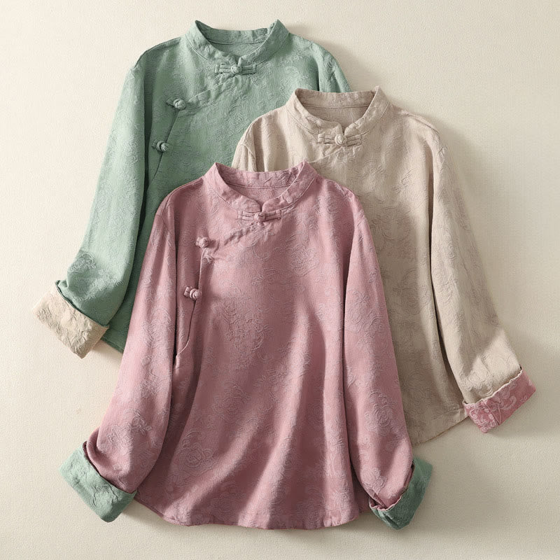 Buddha Stones Jacquard Diagonal Placket Long Sleeve Women's Cotton Linen Buttons Shirt - image 0