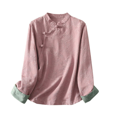 Buddha Stones Jacquard Diagonal Placket Long Sleeve Women's Cotton Linen Buttons Shirt - image 20