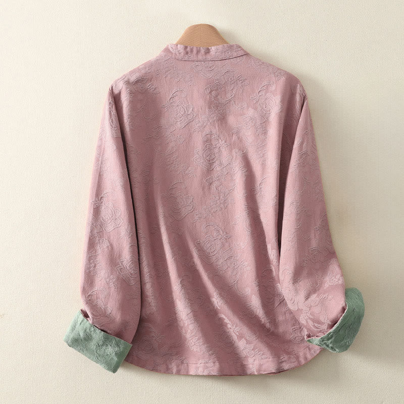 Buddha Stones Jacquard Diagonal Placket Long Sleeve Women's Cotton Linen Buttons Shirt - image 12