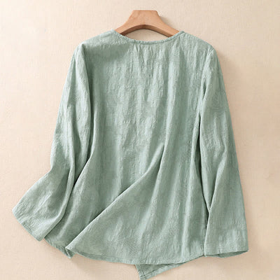 Buddha Stones Jacquard Irregular Hem Pleated Design Women's Cotton Long Sleeve Shirt - image 34