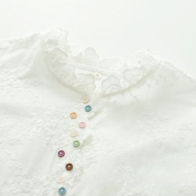 Buddha Stones Fall Ruffled Collar Embroidered Relief Flower Buttons Women's Cotton Long Sleeve Shirt - image 5