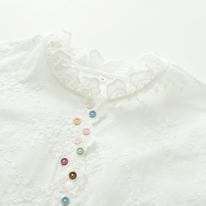 Buddha Stones Fall Ruffled Collar Embroidered Relief Flower Buttons Women's Cotton Long Sleeve Shirt - image 5