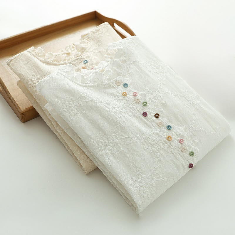 Buddha Stones Fall Ruffled Collar Embroidered Relief Flower Buttons Women's Cotton Long Sleeve Shirt - image 14