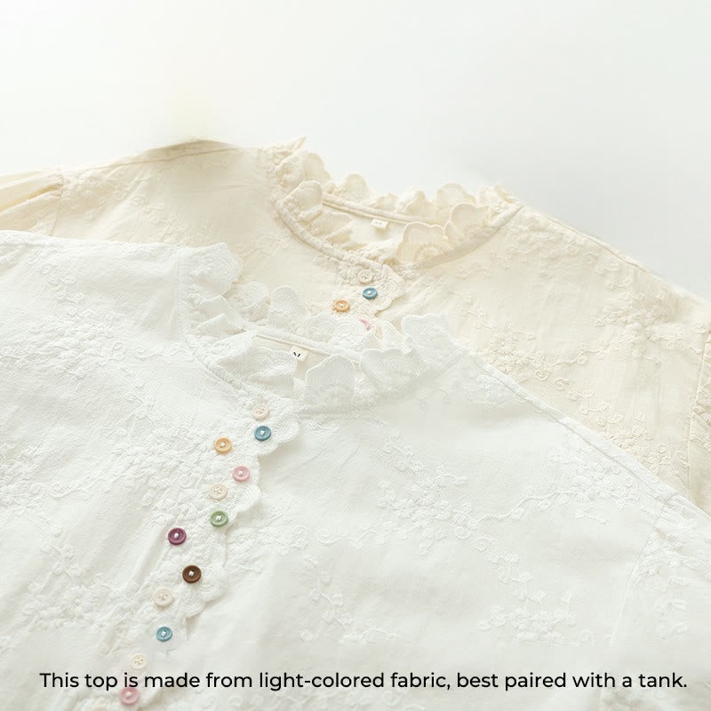 Buddha Stones Fall Ruffled Collar Embroidered Relief Flower Buttons Women's Cotton Long Sleeve Shirt - image 4