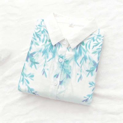 Buddha Stones Fall White Green Grass Buttons Women's Cotton Long Sleeve Shirt - image 3