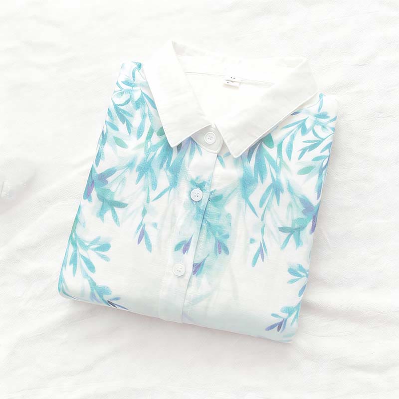 Buddha Stones Fall White Green Grass Buttons Women's Cotton Long Sleeve Shirt - image 3