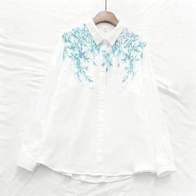 Buddha Stones Fall White Green Grass Buttons Women's Cotton Long Sleeve Shirt - image 1