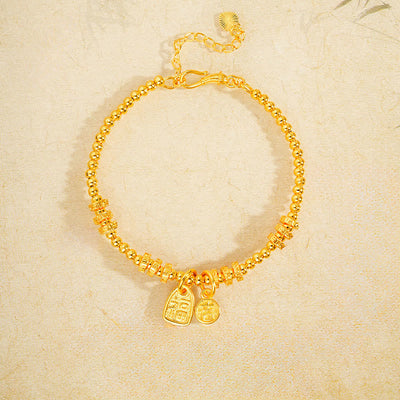Buddha Stones 24k Gold Plated Brass Fu Character Lucky Charm Blessing Bracelet - image 2