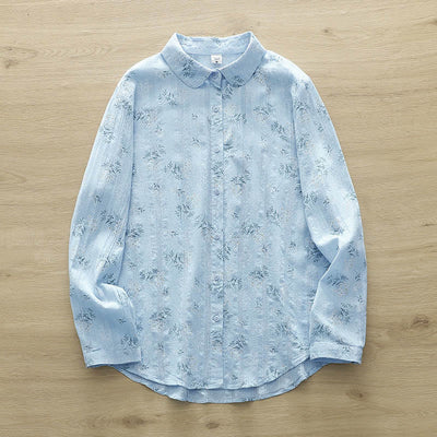 Buddha Stones Fall White Yellow Flowers Green Leaves Buttons Women's Cotton Long Sleeve Shirt - LightSkyBlue - US6，UK/AU10，EU38 (XL) - image 12