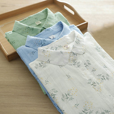 Buddha Stones Fall White Yellow Flowers Green Leaves Buttons Women's Cotton Long Sleeve Shirt - image 14