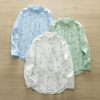 Buddha Stones Fall White Yellow Flowers Green Leaves Buttons Women's Cotton Long Sleeve Shirt - image 13