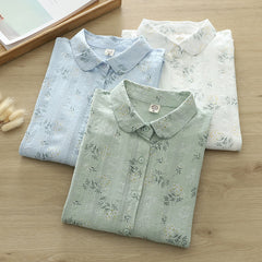 Buddha Stones Fall White Yellow Flowers Green Leaves Buttons Women's Cotton Long Sleeve Shirt - image 0