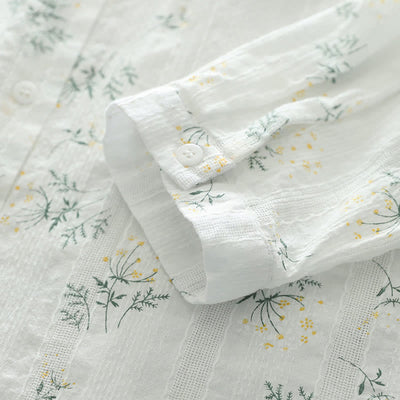 Buddha Stones Fall White Yellow Flowers Green Leaves Buttons Women's Cotton Long Sleeve Shirt - image 7