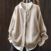 Foviel Herbst Blumenknöpfe Baumwolle Lange Ärmel für Damen Strickjacke Pullover