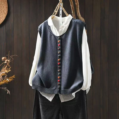 Buddha Stones Colorful Buttons Women's Sleeveless Cotton Knitted Vest Waistcoat - SlateGray - US4-6，UK/AU8-10，EU36-38 (F) - image 9